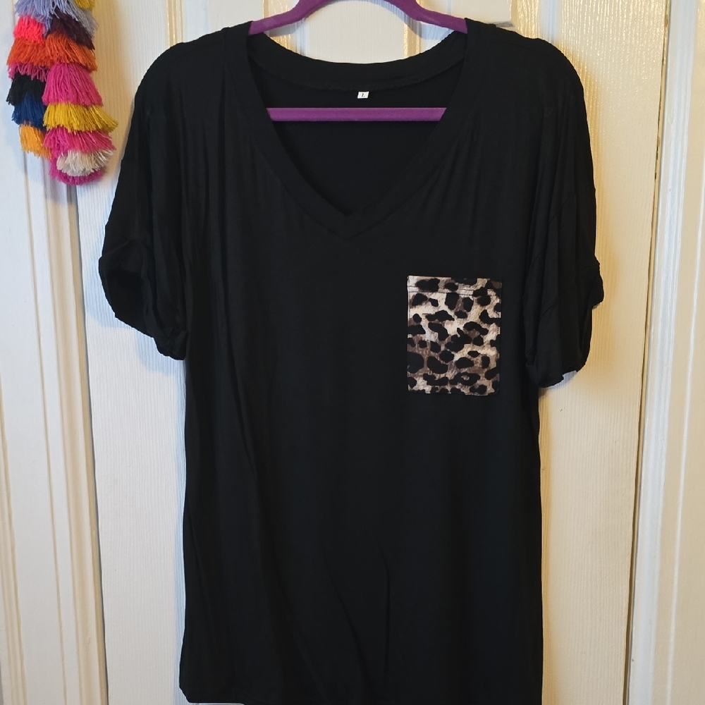 Black V-Neck Top with Leopard Print Pocket